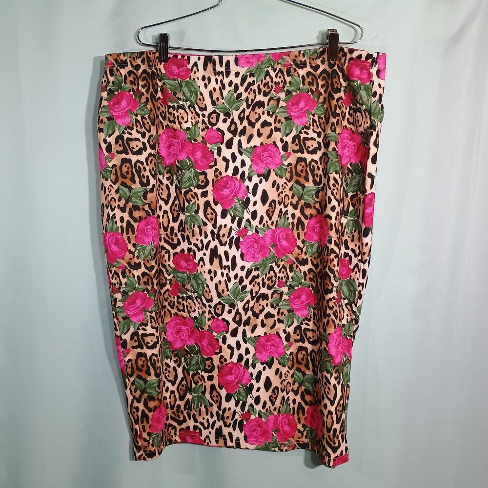 Women’s Leopard & Pink Rose Print Pencil Skirt – Floral Animal Print Skirt